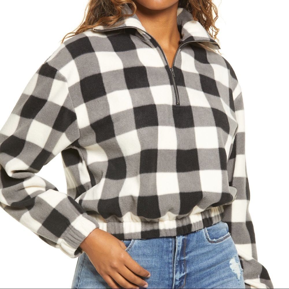 BP. Buffalo Plaid Fleece Pullover in Black Quarter Zip Elastic Waist Warm & Cozy